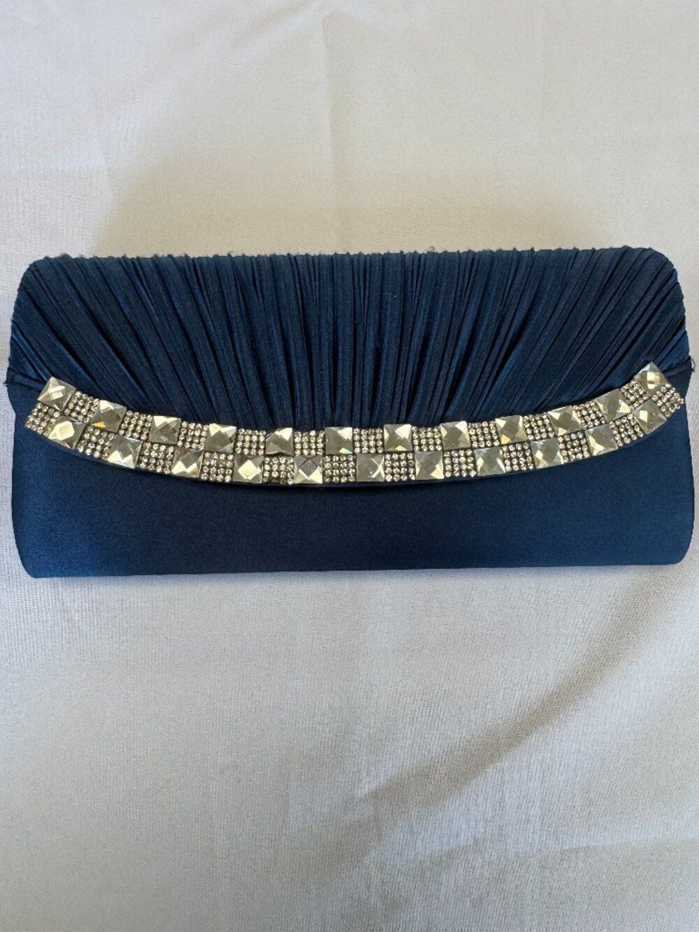 Jessica Mcclintock Vintage Navy Pleated Satin And Rhinestone Handbag